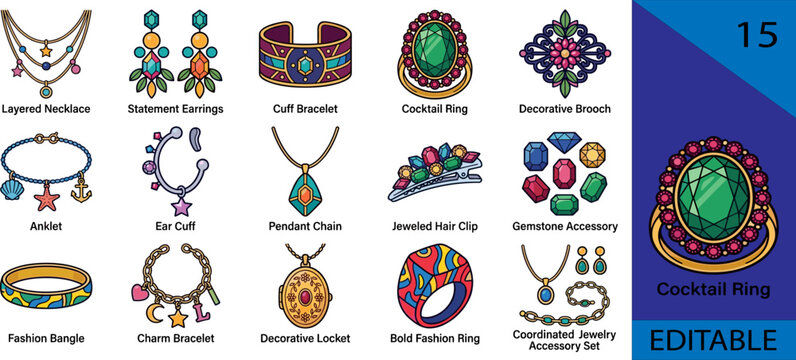 Set of 15 colorful fashion jewelry accessories icons earrings necklace bracelet ring editable vector collection kit bundle design mockup illustration