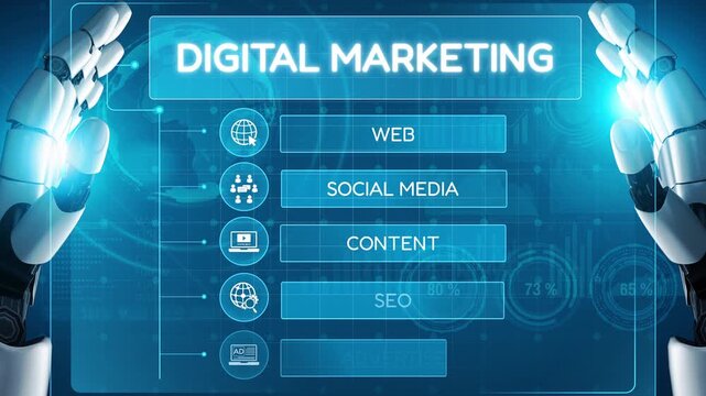 Digital marketing strategy broken down into categories: web, SEO, content, social media, and advertise. Digital tools enhance online marketing success across digital platforms. Muxer