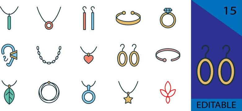 Set of 15 minimal line jewelry icons necklace earrings bracelet ring pendant editable vector collection kit bundle design mockup illustration