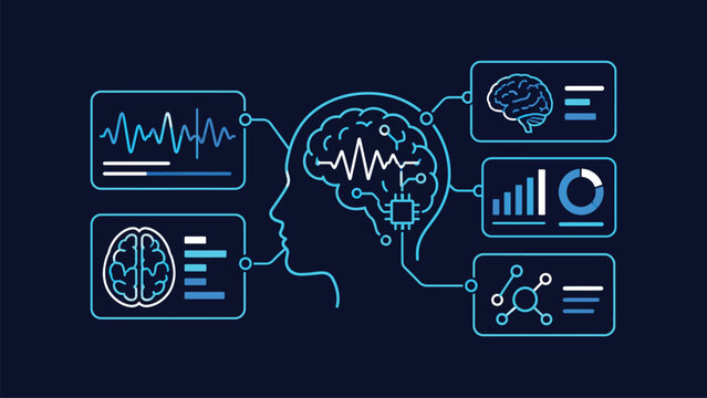 Brain computer interface concept showing a glowing human head profile connected to digital dashboard panels displaying neurological waves medical scans and data analytics