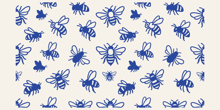 A collection of blue hand drawn doodle bees scattered across a cream background for creative projects