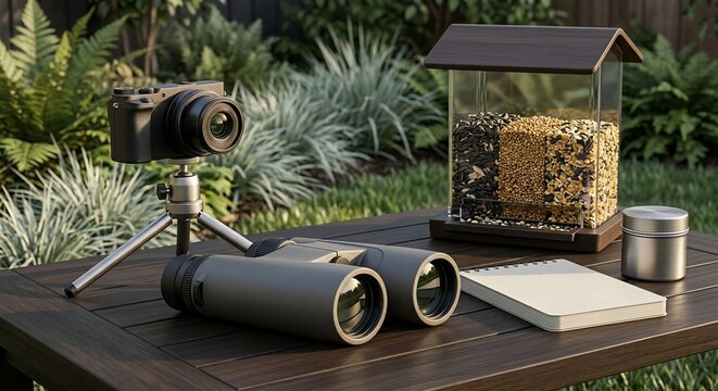 Wildlife observation gear including camera binoculars and bird feeder arranged on an outdoor wooden table in a lush green garden setting