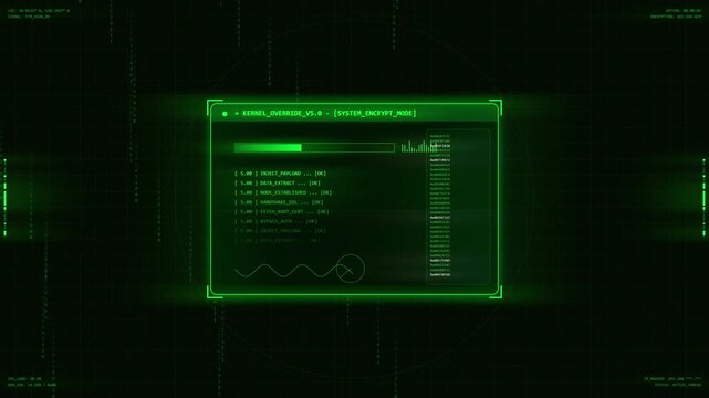 Green futuristic sci-fi computer interface HUD window with loading bar, system data, and digital graphics on a dark background