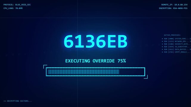 Futuristic Digital HUD Interface showing a System Override Progress Bar with Hexadecimal Code on Dark Blue Background