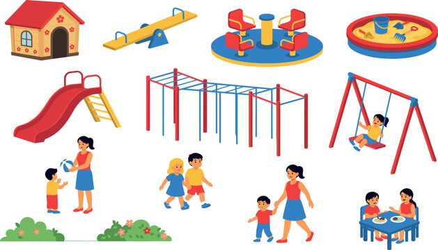 Kids playground vector illustration set with children playing on swings slide seesaw monkey bars sandbox and playhouse