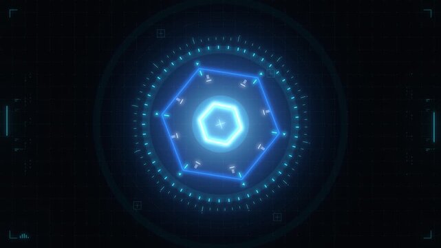 Futuristic HUD interface with glowing blue circular hologram element and digital technology sci-fi graphics on dark background