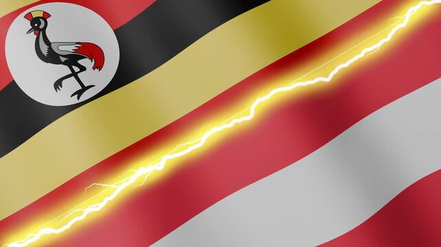 Two waving flags Uganda and Austria with diagonal lightning seamless, 4k loop