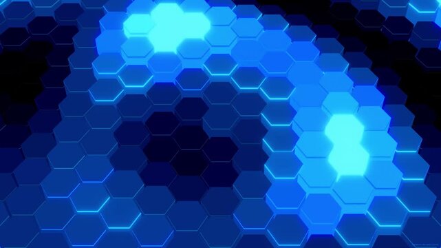 Abstract Digital Background Featuring Blue Glowing Hexagonal Patterns and Geometric 3D Data Structure Flow