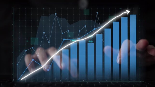 A captivating depiction of financial progress showcasing hands over a data chart with upward trends, representing business growth and analytical insights. Copula
