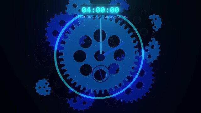 Digital countdown timer glowing blue within intricate gears, symbolizing mechanical precision, strategic time management, and the concept of efficient technological progress and operational control
