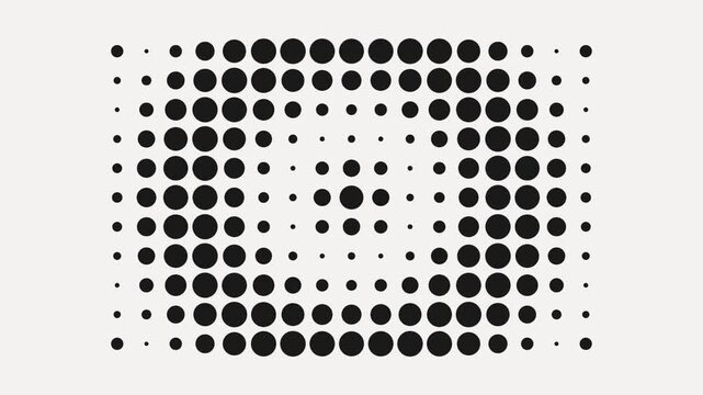 Black and white halftone pattern with oscillating circle dots creating dynamic motion background loop.