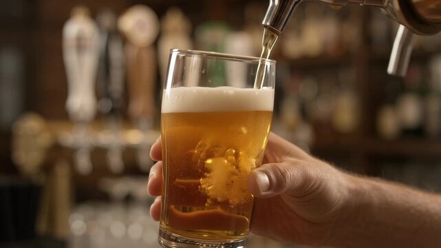 Close up of one fresh beer glass being poured from tap. Craft brewery bar setting for celebrating, party concept