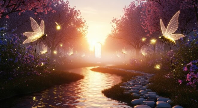 Glowing fairy butterflies flying over fantasy enchanted forest stream with cobblestone path at magical sunrise
