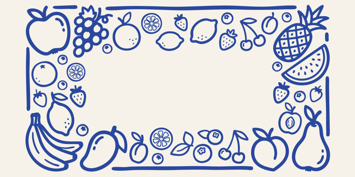 A hand drawn doodle border of assorted fruits on a light beige background for organic food branding