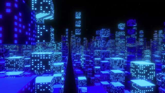 Futuristic Cyberpunk Digital Cityscape Featuring Glowing Neon Blue Cubes in a Dark Virtual Environment Representation