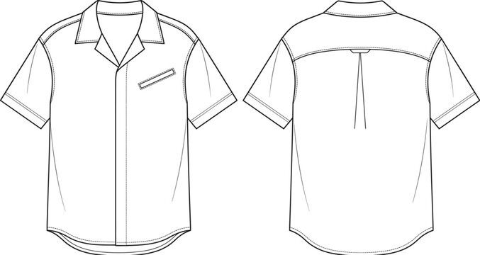 Men's short sleeve cuban collar shirt technical flat sketch with hidden placket vector illustration