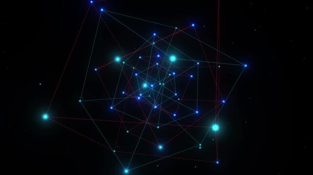 Abstract geometric network of glowing blue and red points connected by lines against a dark background, representing a digital connection or data flow