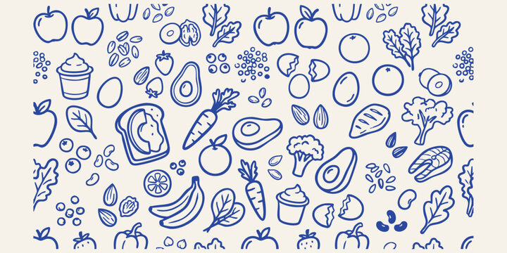 A hand drawn doodle pattern of healthy foods and ingredients scattered across a light background