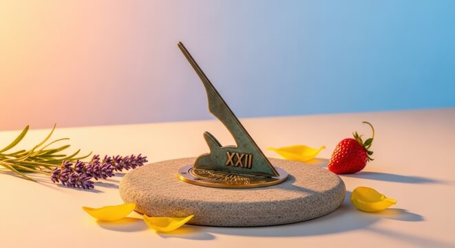 Sundial gnomon on round stone base with lavender flowers strawberry and yellow petals
