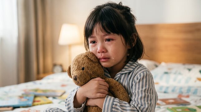 Sad little Asian girl in striped pajamas crying and hugging her teddy bear while sitting on a bed in a cozy bedroom with books around her.