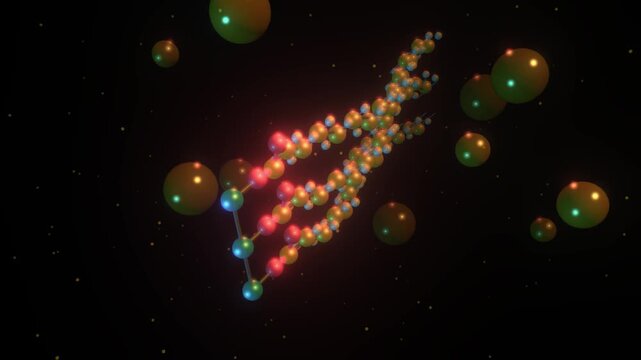 Abstract 3D rendering of branched fat molecular structure glowing spheres on dark background for science chemistry biology research data visualization concept