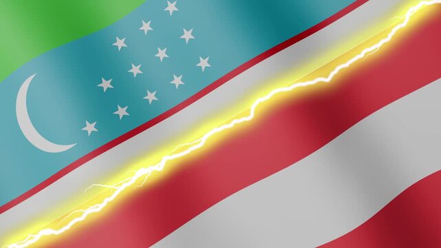Two waving flags Uzbekistan and Austria with diagonal lightning seamless, 4k loop