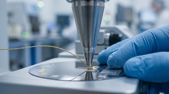 Technician in blue gloves uses precision equipment to connect fine gold wire to a microchip on a wafer Electronics recycling chain