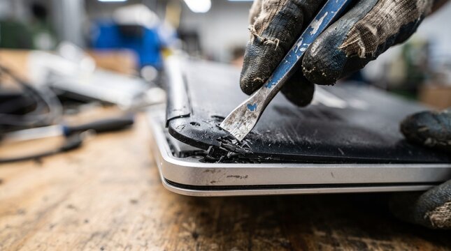 Gloves using pry tool to disassemble broken laptop for recycling and repair Electronics recycling chain