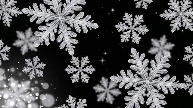 Close-up of detailed silver-white snowflake crystals with intricate patterns in natural light