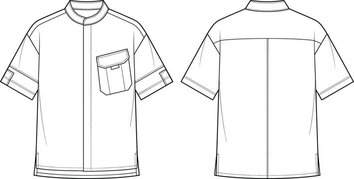Technical fashion flat sketch of men's short sleeve mandarin collar shirt front and back view