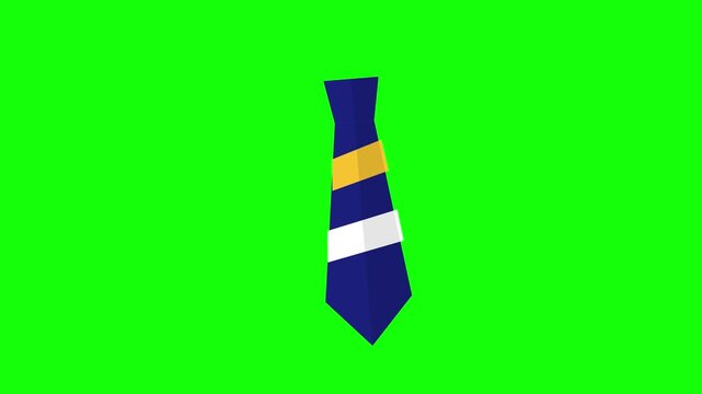 Flat vector style blue necktie icon for animation featuring yellow and white stripes isolated on a chroma key green background for business and professional concept designs.