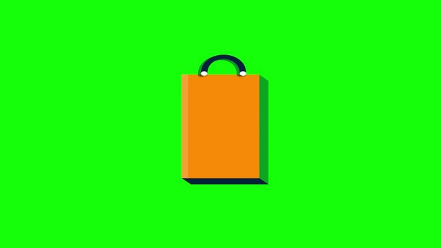 Orange shopping bag animation icon isolated on green screen chroma key background for e-commerce retail marketing, 2D flat design shopping vector element with handle and shadow.