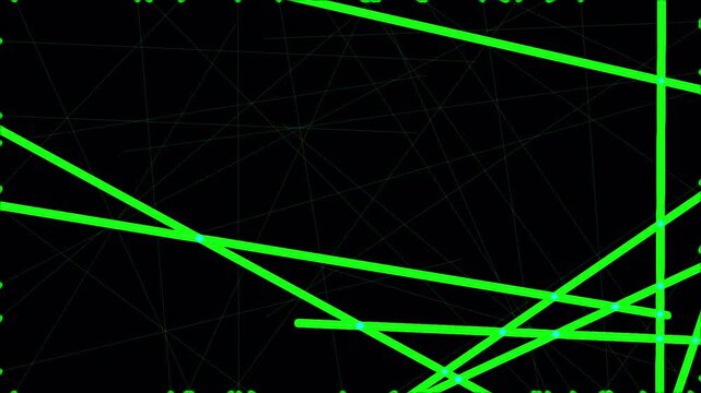 Neon green laser beam lines intersecting on dark background abstract digital motion graphic pattern.