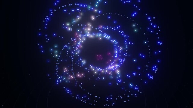 Vibrant abstract particle vortex swirling with glowing neon lights in dynamic motion creating a mesmerizing cosmic effect