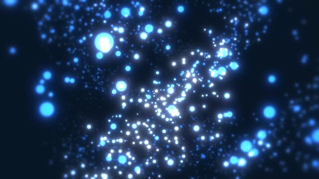 Abstract blue glowing particles floating in deep dark space with soft bokeh effects and shimmering light sparkles for digital background designs