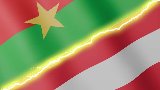Two waving flags Burkina Faso and Austria with diagonal lightning seamless, 4k loop