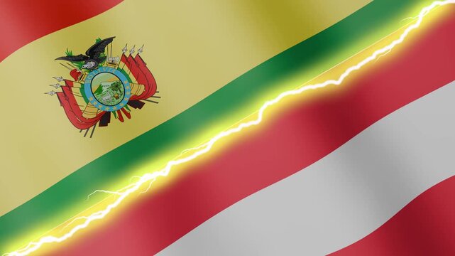 Two waving flags Bolivia and Austria with diagonal lightning seamless, 4k loop