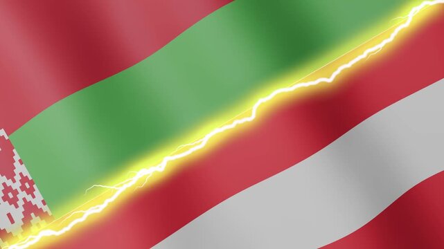 Two waving flags Belarusian and Austria with diagonal lightning seamless, 4k loop
