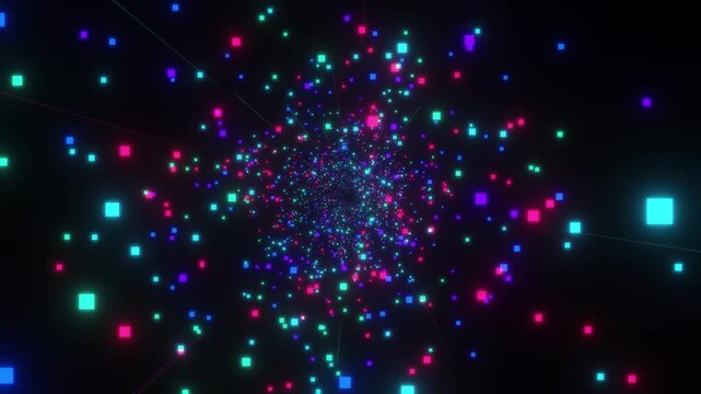 Abstract Futuristic Digital Tunnel with Glowing Neon Particles and Data Squares on Black Background