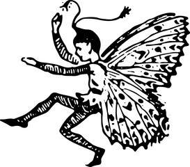 Fototapeta premium Vintage Butterfly Fairy Line Art Vector Illustration Mythical Pixie Sketch