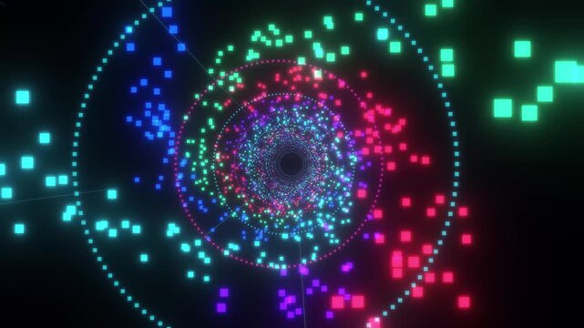 Futuristic digital tunnel animation with glowing colorful particles and geometric abstract shapes for motion graphics and tech background concepts