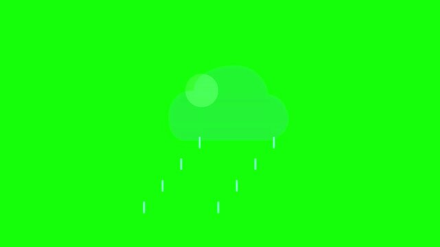 Minimalist weather icon animation of a rain cloud with falling raindrops on a bright neon green chroma key background for video production and app interface design overlays.