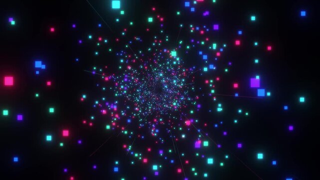 Abstract neon colored glowing particles floating in deep space forming a dynamic vortex tunnel