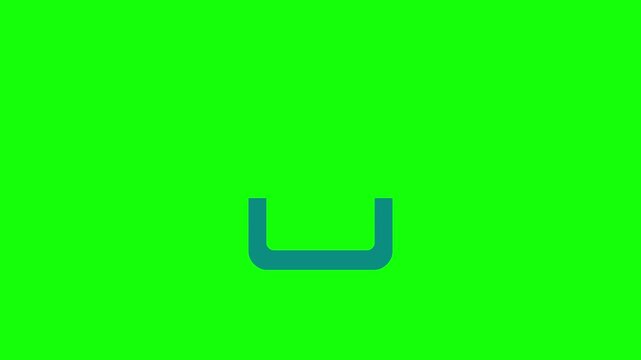 Animation icon representing a digital download process with an orange arrow, document symbol, and teal bracket container, isolated on a bright green screen chroma key background.