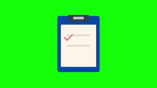 2D animation icon of a blue clipboard with three red checkmarks on a green screen background, flat vector style checklist for business tasks, project management, and to-do lists.