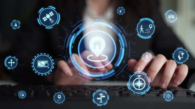 GPS icons show navigation, GPS tracking, and location. GPS supports real time maps, direction, and GPS navigation services for mobility and transport. Funnel