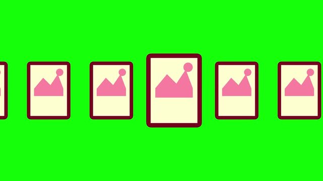 Digital animation icon of a photo gallery slider or image carousel featuring pink rectangular picture frames with mountain symbols on a bright green screen background for video editing.