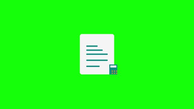Flat design animation icon representing a financial document or invoice with a small calculator and an orange checkmark badge, isolated on a chroma key green screen background.