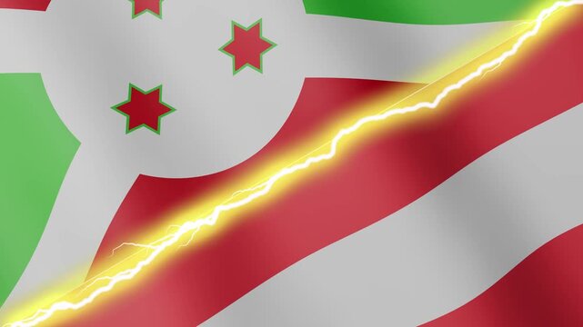 Two waving flags Burundi and Austria with diagonal lightning seamless, 4k loop