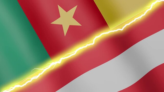 Two waving flags Cameroon and Austria with diagonal lightning seamless, 4k loop